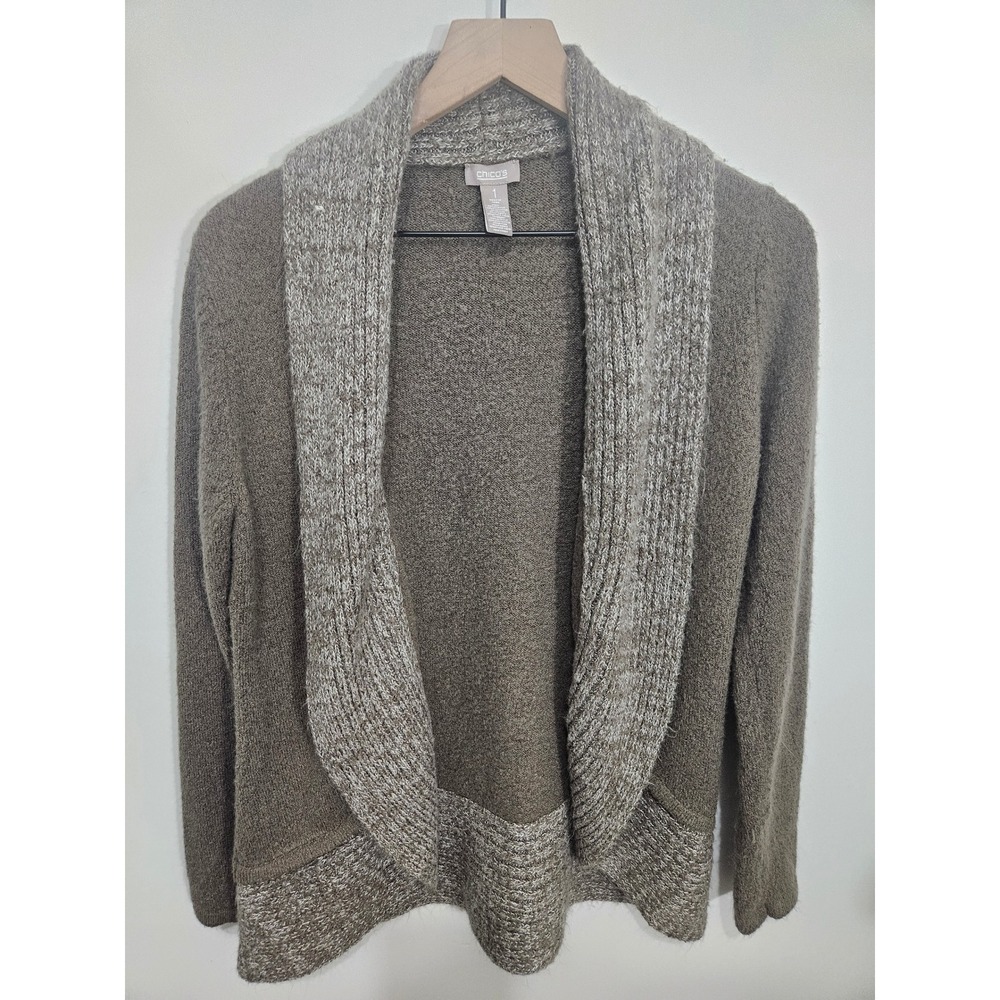 Chicos Brown Marled Knit Shawl Collar Open Front Cardigan Sweater Size 1 M